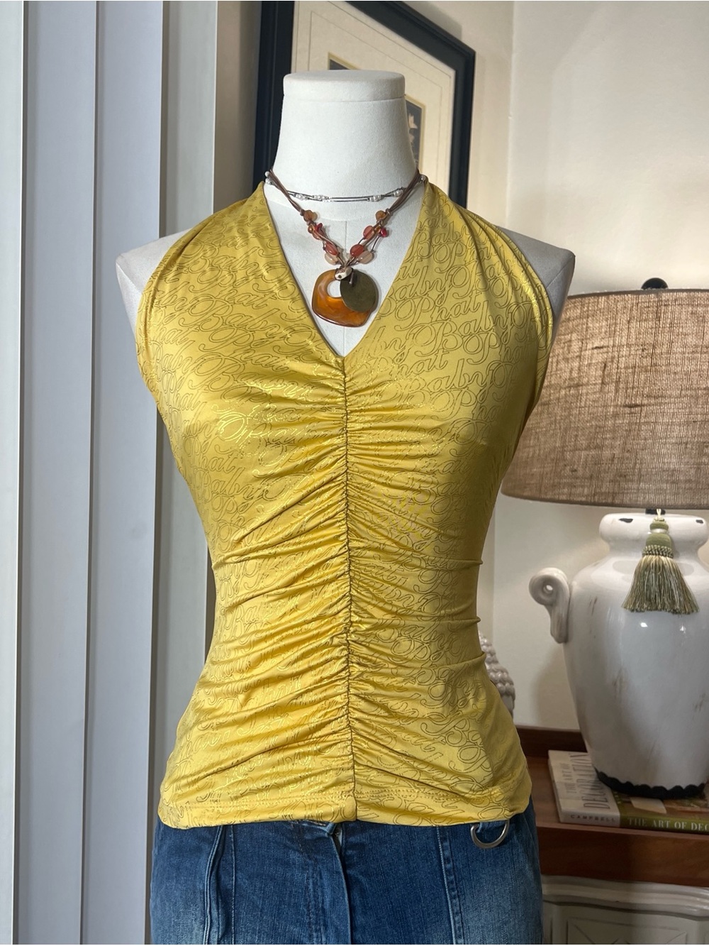 Y2k Baby Phat Mustard Yellow Ruched Halter Top